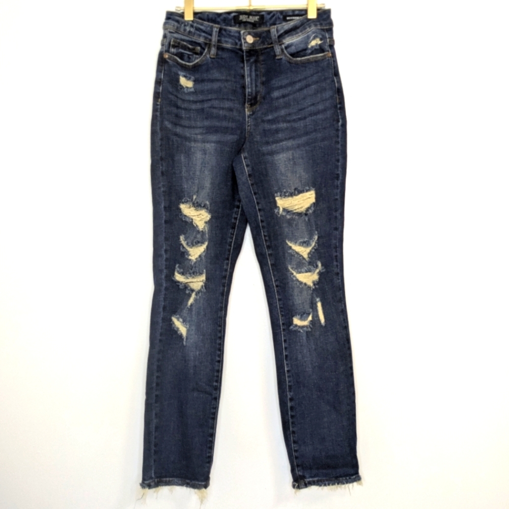 Judy Blue Size 3/26 Dark Wash Mid Rise Destroyed Boyfriend Jeans